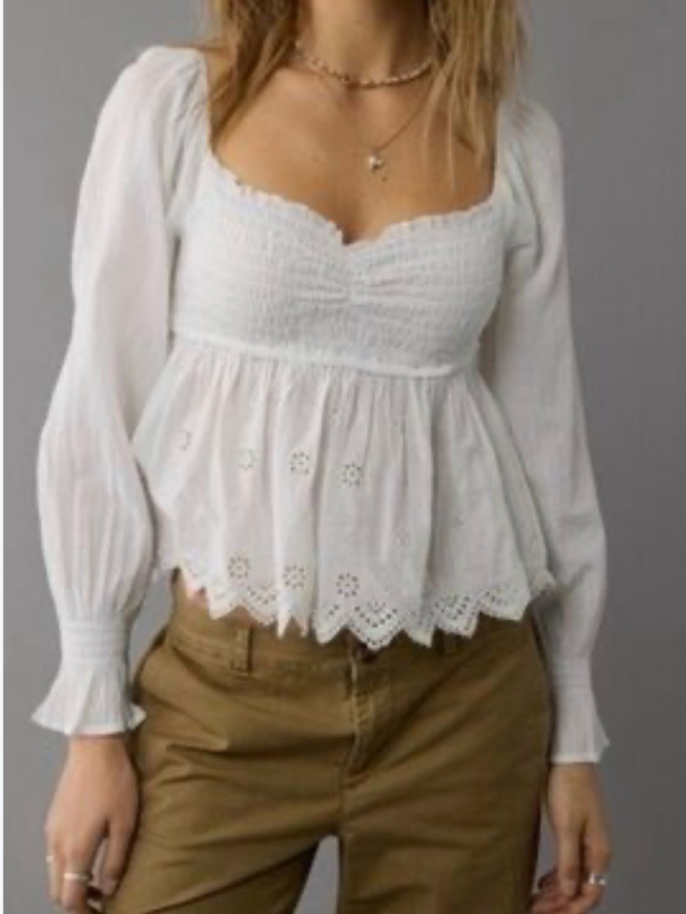 American Eagle White Eyelet Smocked Peplum Top Lace Peplum